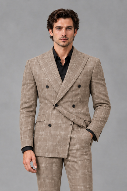 Savile Men's Rust Plaid 2-Piece Double-Breasted Suit – Peak Lapel Slim-Fit Jacket & Trousers Set - Taupe - Taupe