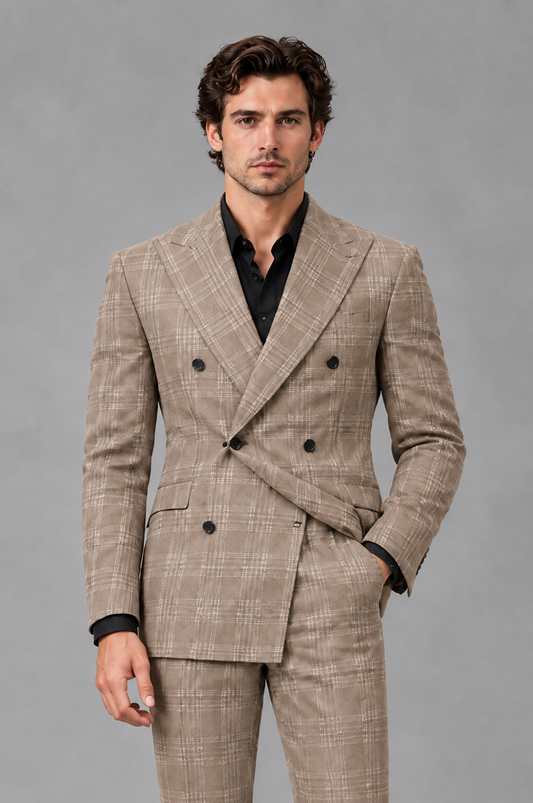 Savile Men's Rust Plaid 2-Piece Double-Breasted Suit – Peak Lapel Slim-Fit Jacket & Trousers Set - Taupe - Taupe