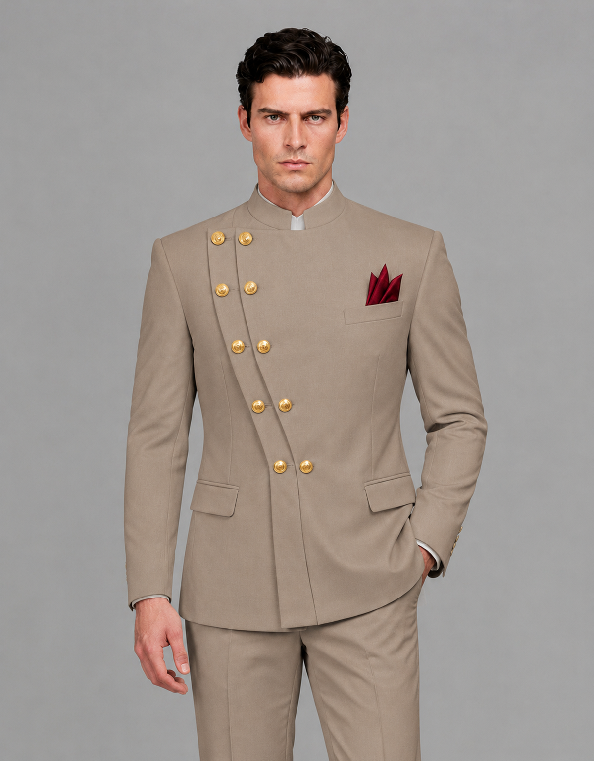 BOLODOO Men's Taupe Asymmetrical Mandarin Collar Tuxedo Suit – Modern 2-Piece Gold Button Wedding, Prom & Gala Set - Taupe - Taupe_01