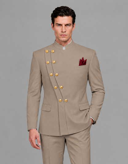 BOLODOO Men's Taupe Asymmetrical Mandarin Collar Tuxedo Suit – Modern 2-Piece Gold Button Wedding, Prom & Gala Set - Taupe - Taupe_01