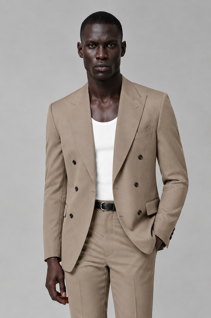 Savile Men's Taupe Double Breasted Slim Fit 2-Piece Suit Set – Blazer & Trousers | Wedding Gala Formal - Taupe - Taupe_01