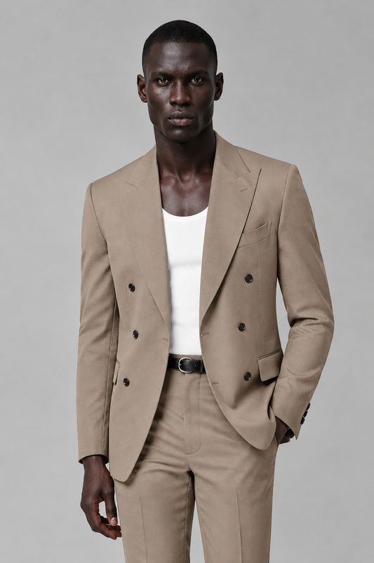 Savile Men's Taupe Double Breasted Slim Fit 2-Piece Suit Set – Blazer & Trousers | Wedding Gala Formal - Taupe - Taupe_01