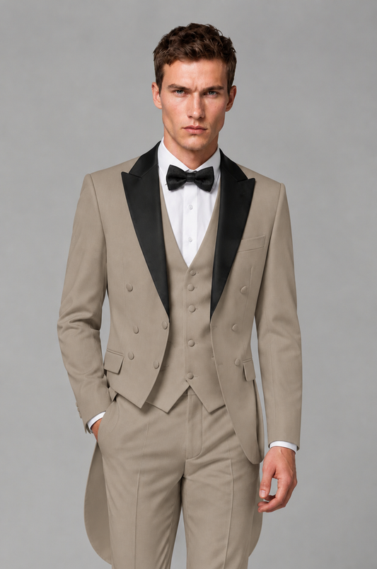 Savile Taupe 3-Piece Tailcoat Tuxedo Suit with Black Peak Lapel - Taupe - Taupe_01