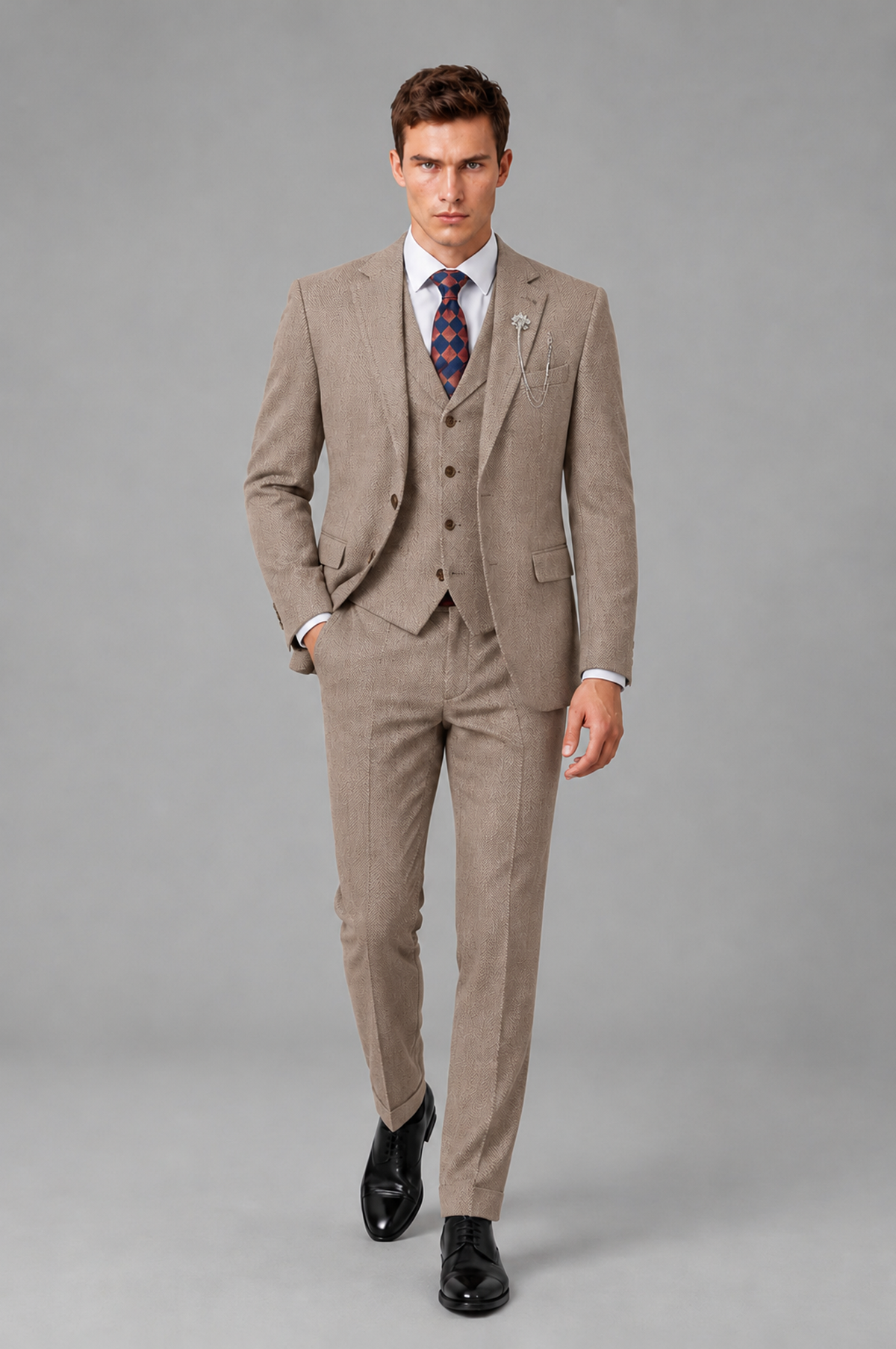 Savile Men's Grey Notch Lapel 3-Piece Suit Set | Jacket, Vest & Trousers - Taupe - Taupe
