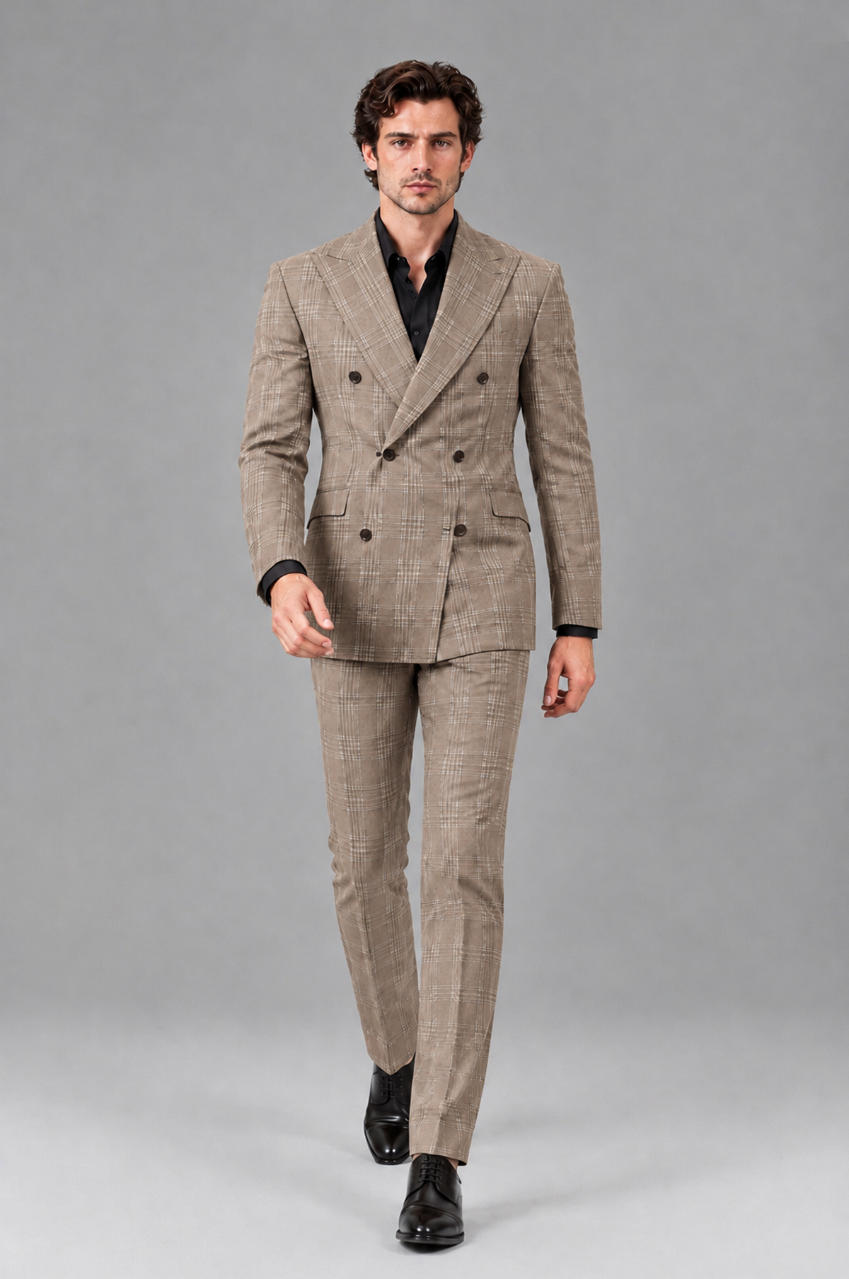Savile Men's Rust Plaid 2-Piece Double-Breasted Suit – Peak Lapel Slim-Fit Jacket & Trousers Set - Taupe - Taupe