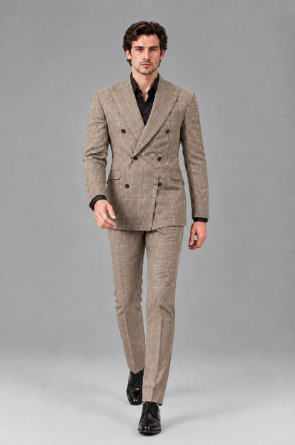 Savile Men's Rust Plaid 2-Piece Double-Breasted Suit – Peak Lapel Slim-Fit Jacket & Trousers Set - Taupe - Taupe