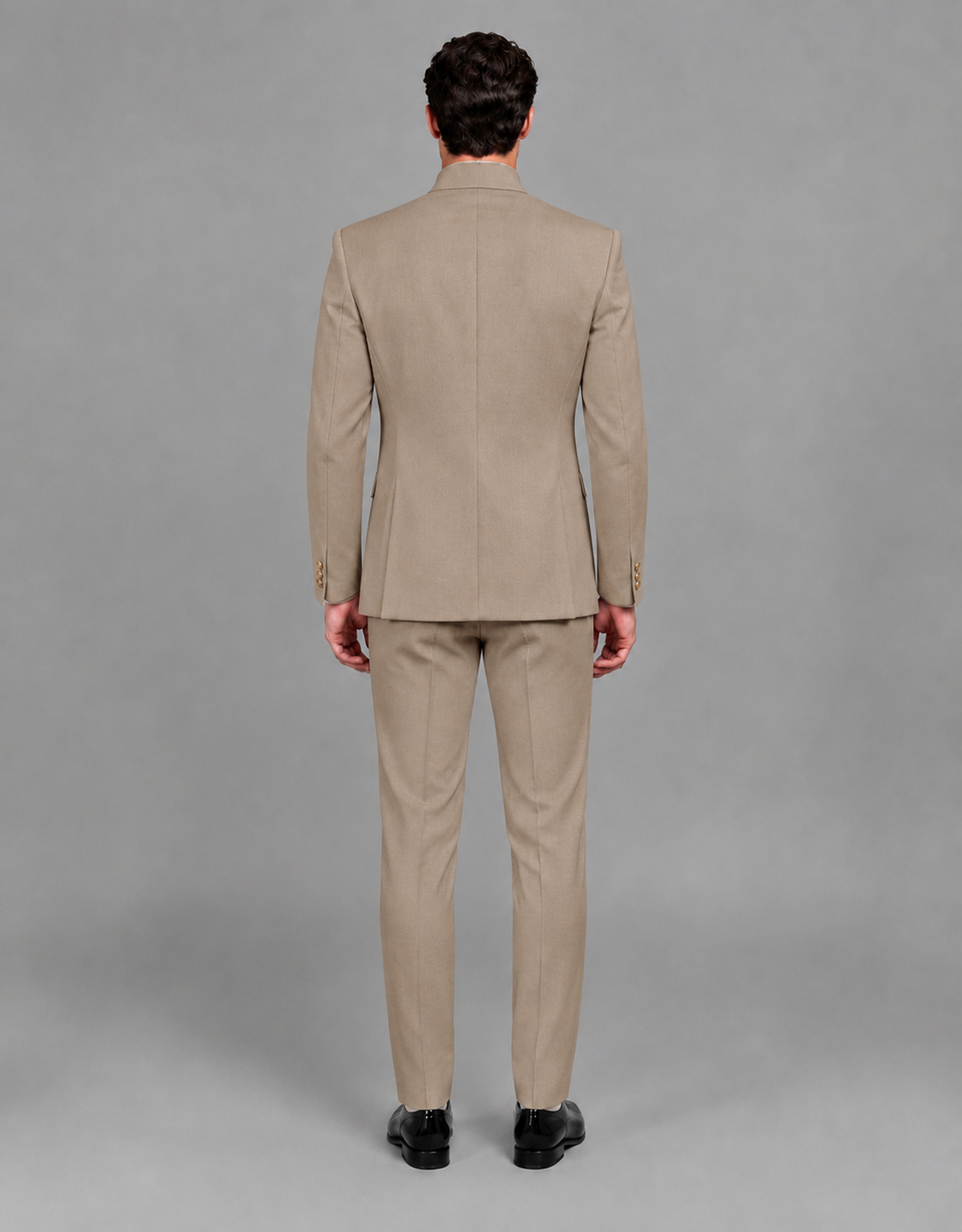BOLODOO Men's Taupe Asymmetrical Mandarin Collar Tuxedo Suit – Modern 2-Piece Gold Button Wedding, Prom & Gala Set - Taupe - Taupe_03