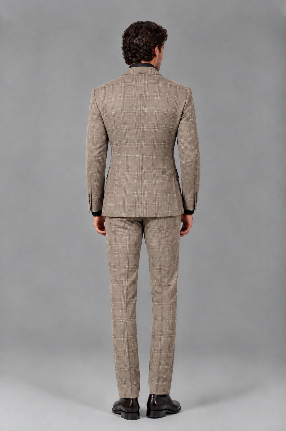 Savile Men's Rust Plaid 2-Piece Double-Breasted Suit – Peak Lapel Slim-Fit Jacket & Trousers Set - Taupe - Taupe