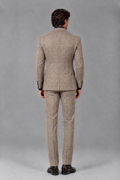 Savile Men's Rust Plaid 2-Piece Double-Breasted Suit – Peak Lapel Slim-Fit Jacket & Trousers Set - Taupe - Taupe