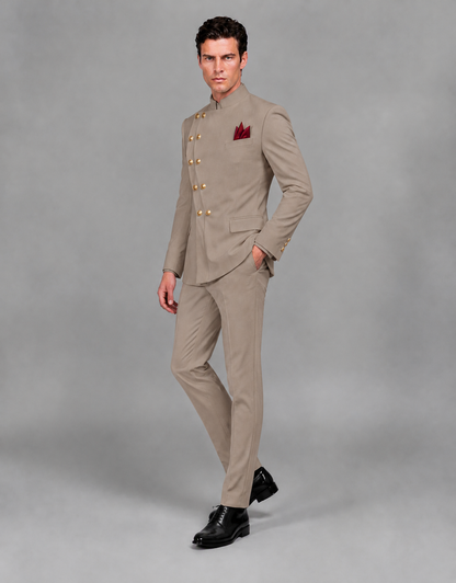BOLODOO Men's Taupe Asymmetrical Mandarin Collar Tuxedo Suit – Modern 2-Piece Gold Button Wedding, Prom & Gala Set - Taupe - Taupe_04
