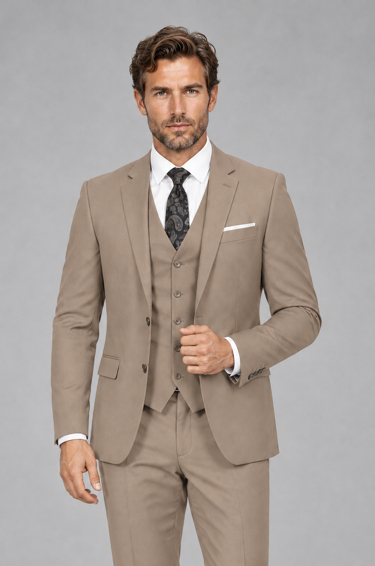 Savile Men's Taupe 3-Piece Suit Set – Notch Lapel Blazer, Vest & Trousers - Taupe - Taupe_1