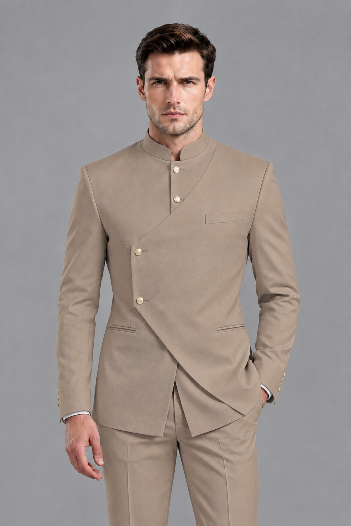 Savile Men's Taupe Asymmetrical Mandarin Collar Tuxedo Suit – Modern 2-Piece Gold Button Wedding, Prom & Gala Set - Taupe - Taupe_1