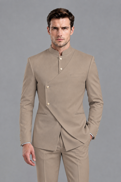 Savile Men's Taupe Asymmetrical Mandarin Collar Tuxedo Suit – Modern 2-Piece Gold Button Wedding, Prom & Gala Set - Taupe - Taupe_1