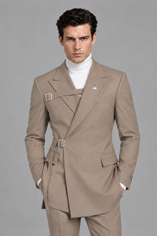 Savile Men's Taupe Double Buckle Wrap Belted 2-Piece Suit Set – Peak Lapel Slim-Fit Jacket & Trousers - Taupe - Taupe_1