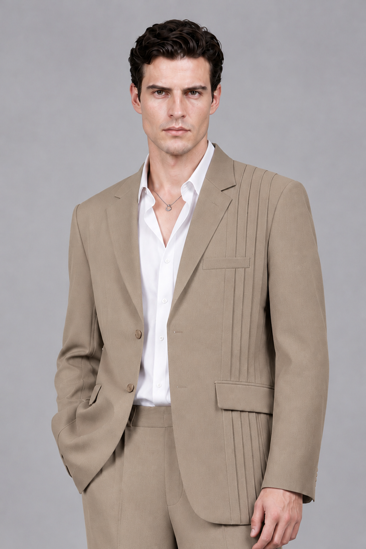 Savile Men's Taupe Pleated 2-Piece Suit Set | Notch Lapel Blazer & Tailored Trousers - Taupe - Taupe_1