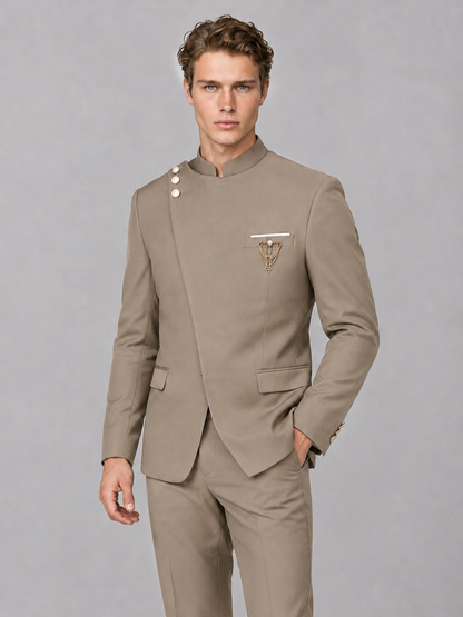 Savile Men's Taupe Mandarin Collar Asymmetrical 2-Piece Suit Set – Modern Jacket & Trousers - Taupe - Taupe_1