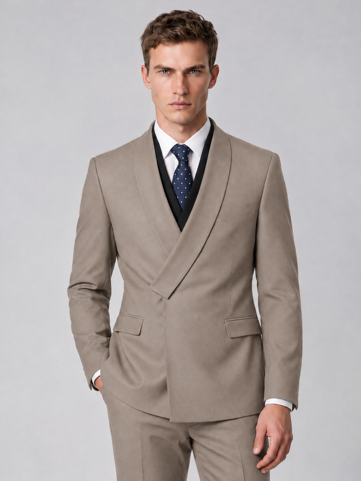 Savile Men's Taupe Wrap Shawl Lapel 2-Piece Suit Set – Modern Jacket & Trousers - Taupe - Taupe_1