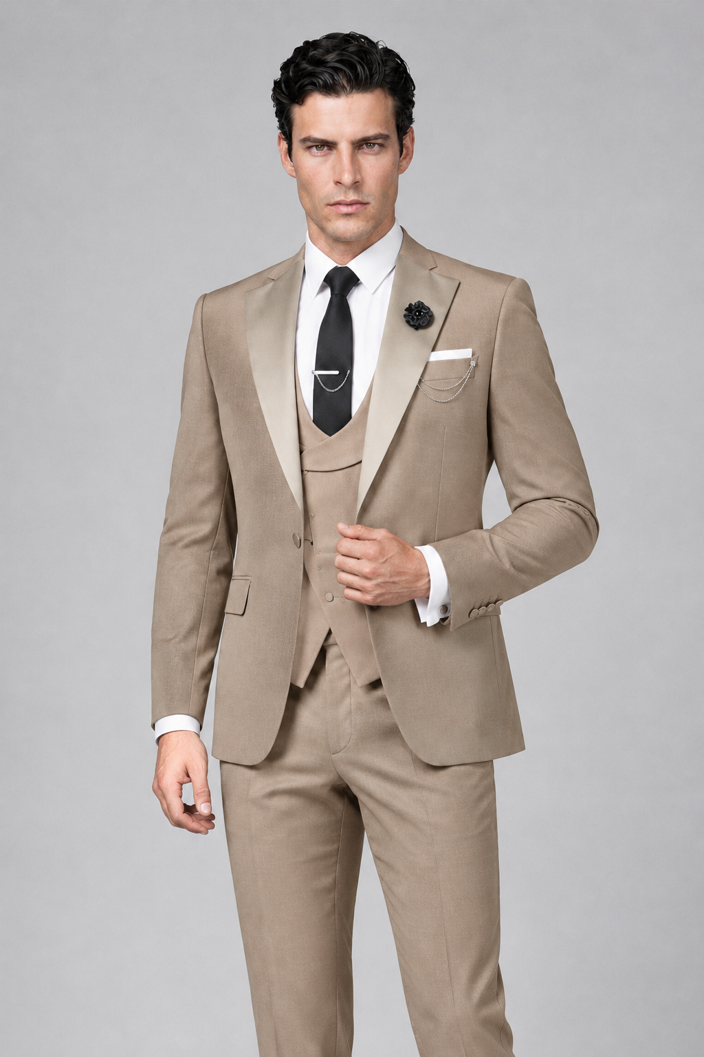 Savile Men's Taupe 3-Piece Tuxedo Suit – Contrast Silver Peak Lapel & Grey Vest Formal Set - Taupe - Taupe_1