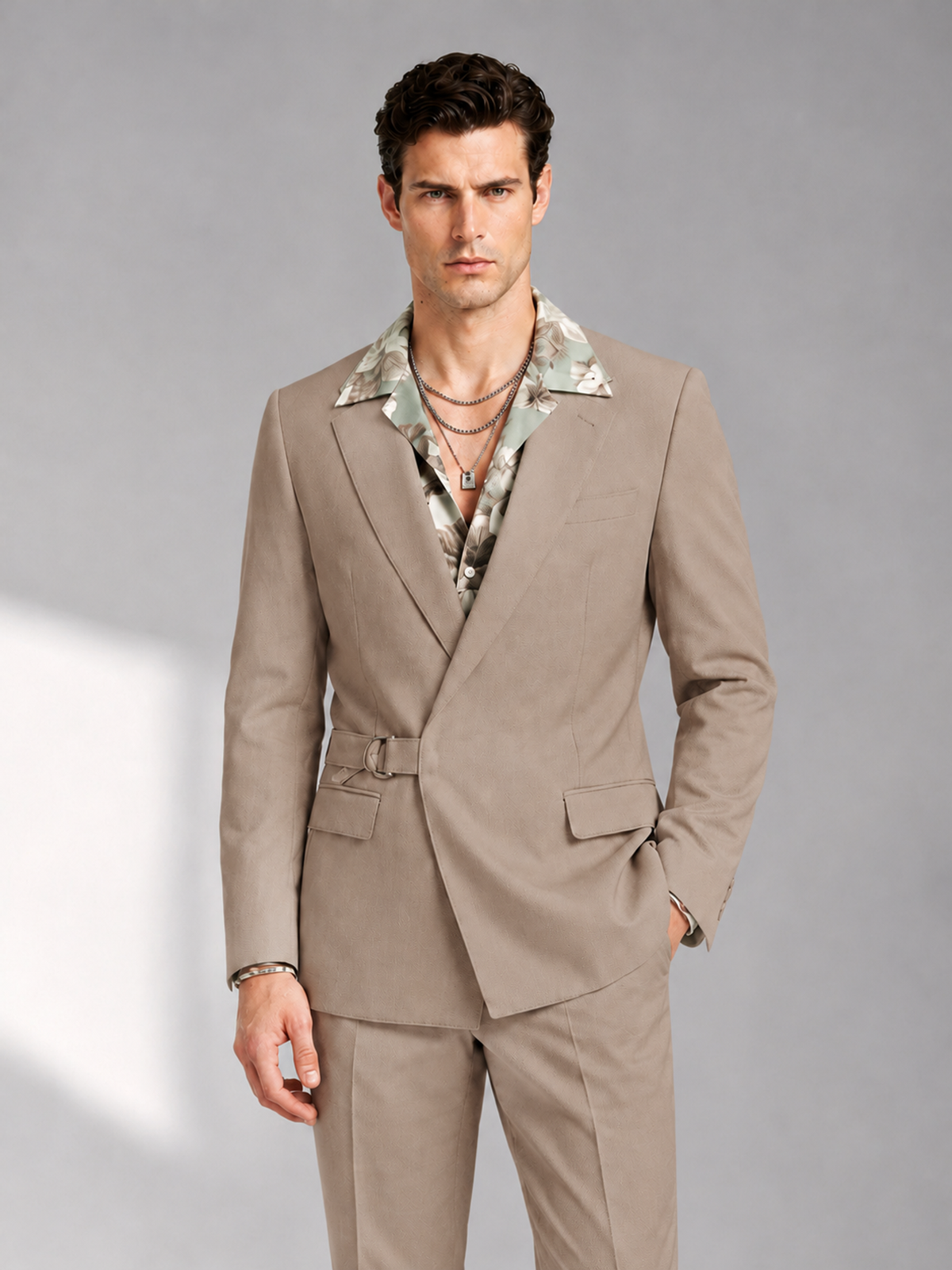 Savile Men's Taupe Belted Wrap 2-Piece Suit – Peak Lapel Blazer & Tailored Trousers - SUC060 - Taupe - Taupe_1