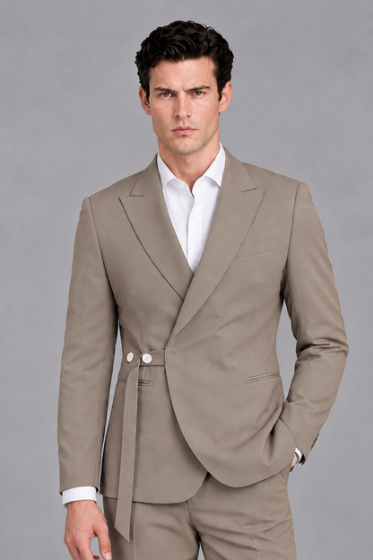 Savile Men's Modern Taupe 2-Piece Wrap Suit Set – Peak Lapel Side-Button Blazer & Tailored Trousers - Taupe - Taupe_1