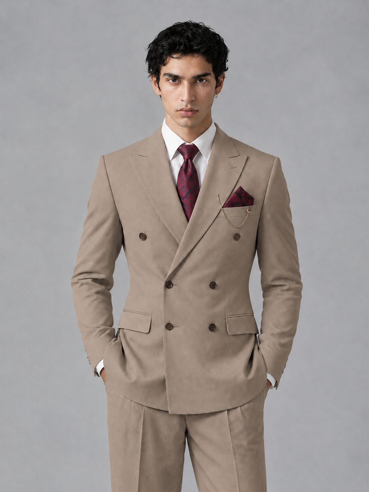 Savile Men's Taupe Double-Breasted 2-Piece Suit Set – Peak Lapel Blazer & Pleated Wide-Leg Trousers - Taupe - Taupe_1