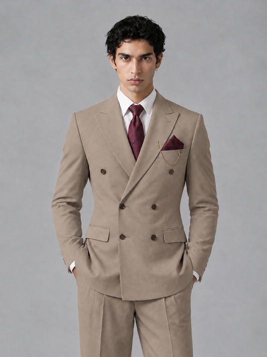 Savile Men's Taupe Double-Breasted 2-Piece Suit Set – Peak Lapel Blazer & Pleated Wide-Leg Trousers - Taupe - Taupe_1