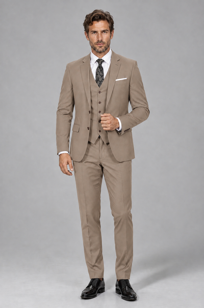 Savile Men's Taupe 3-Piece Suit Set – Notch Lapel Blazer, Vest & Trousers - Taupe - Taupe_2