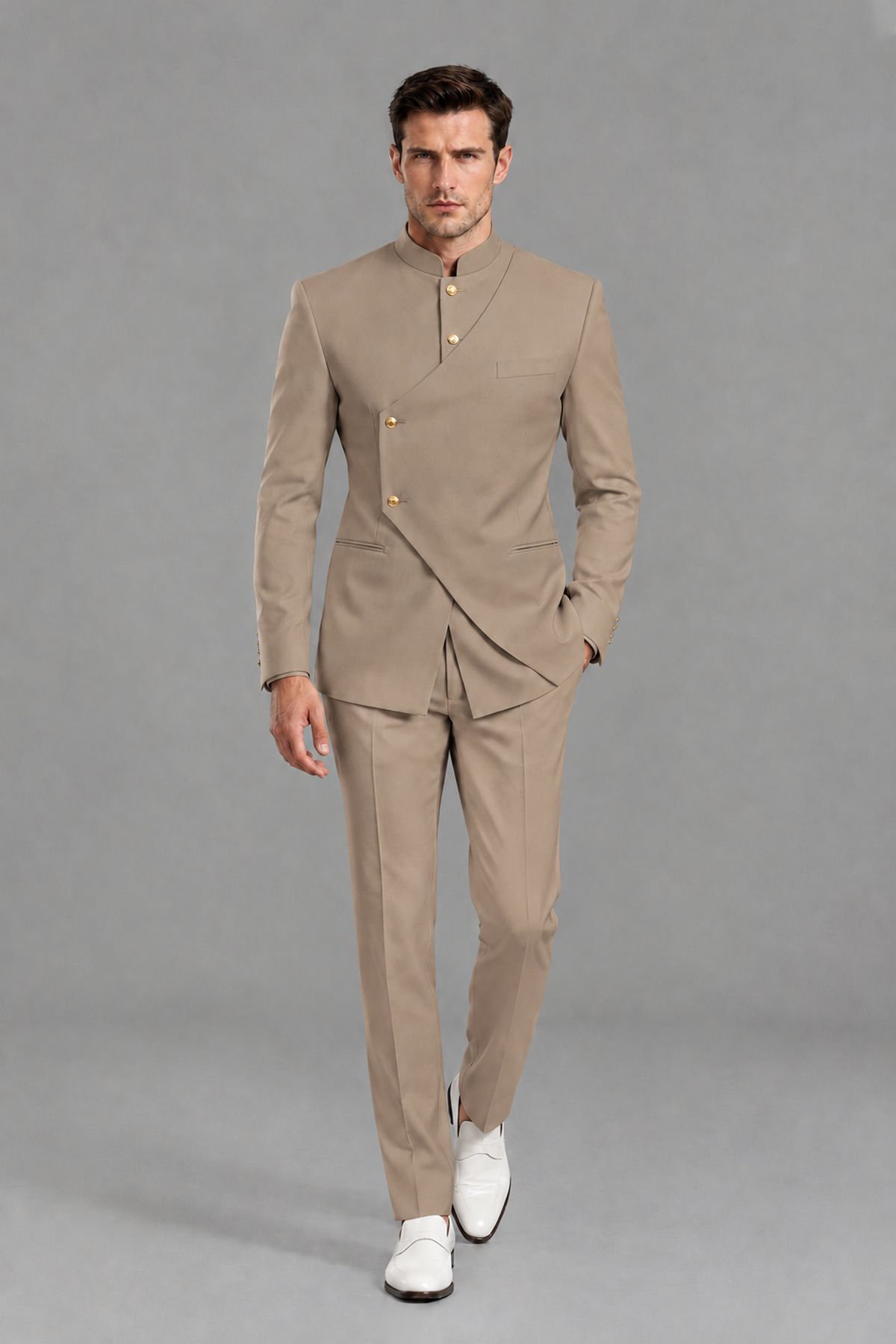 Savile Men's Taupe Asymmetrical Mandarin Collar Tuxedo Suit – Modern 2-Piece Gold Button Wedding, Prom & Gala Set - Taupe - Taupe_2