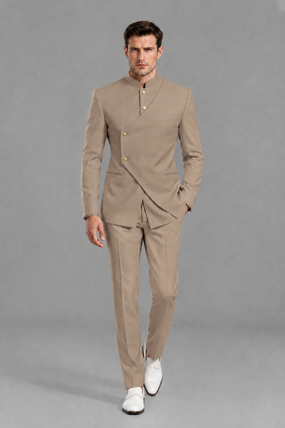 Savile Men's Taupe Asymmetrical Mandarin Collar Tuxedo Suit – Modern 2-Piece Gold Button Wedding, Prom & Gala Set - Taupe - Taupe_2