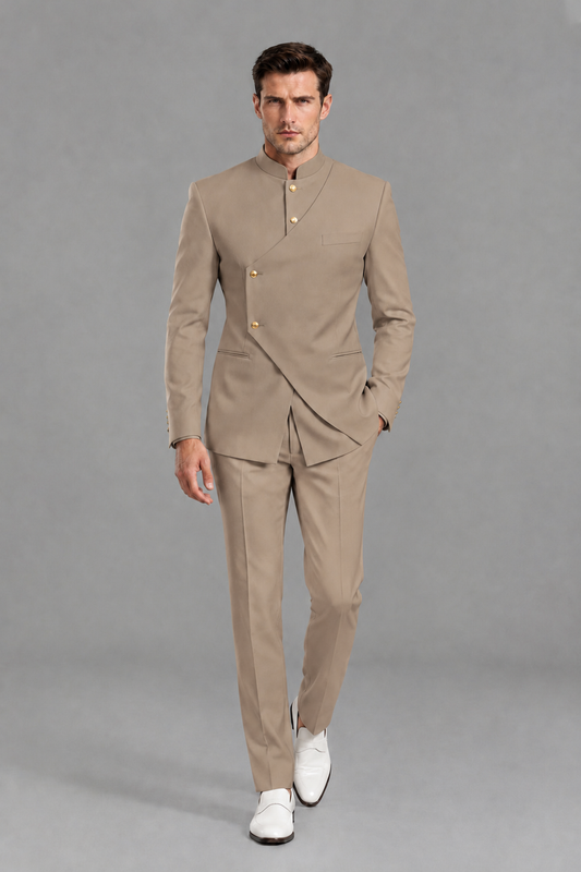 Savile Men's Taupe Asymmetrical Mandarin Collar Tuxedo Suit – Modern 2-Piece Gold Button Wedding, Prom & Gala Set - Taupe - Taupe_2