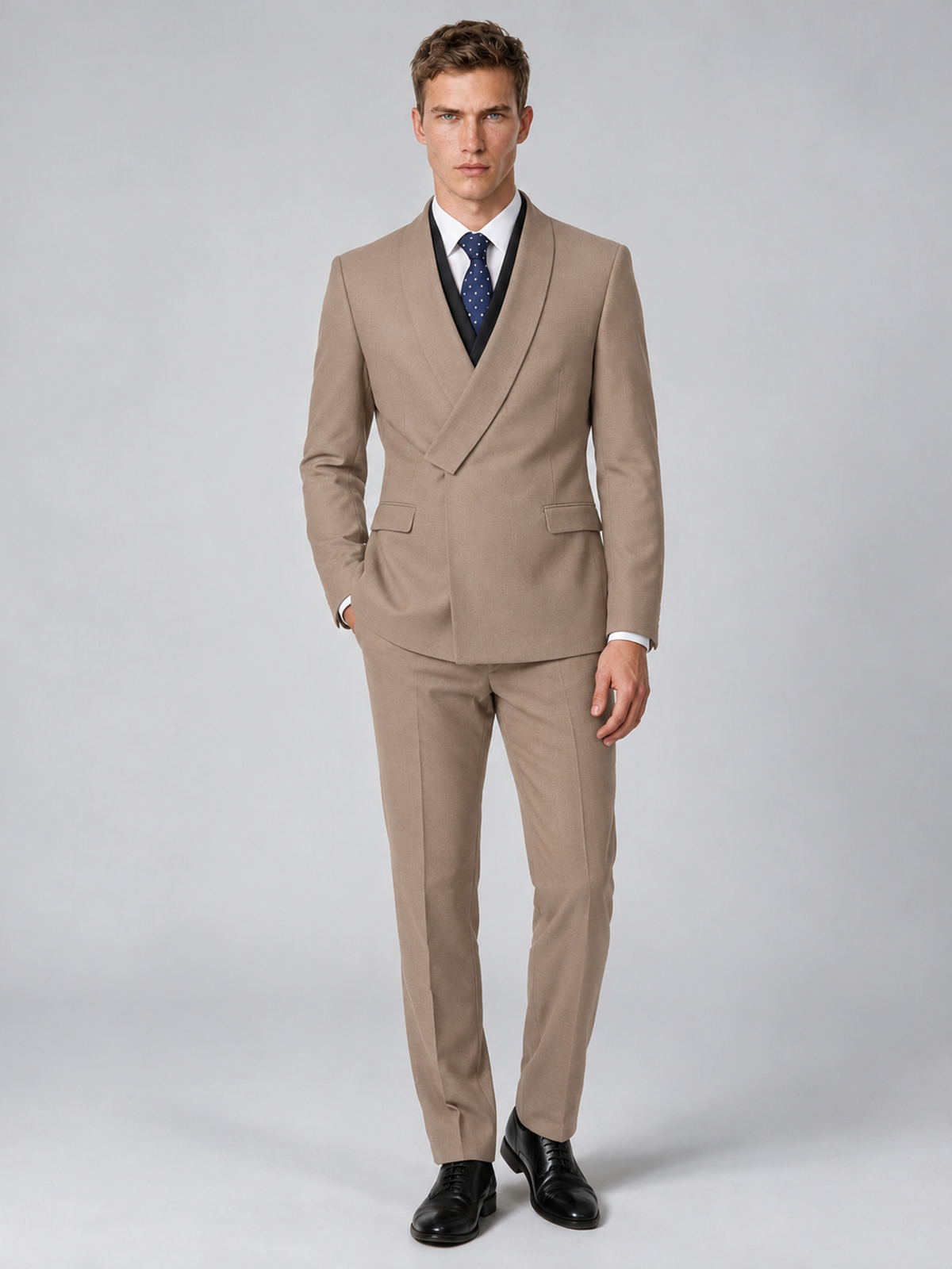 Savile Men's Taupe Wrap Shawl Lapel 2-Piece Suit Set – Modern Jacket & Trousers - Taupe - Taupe_2