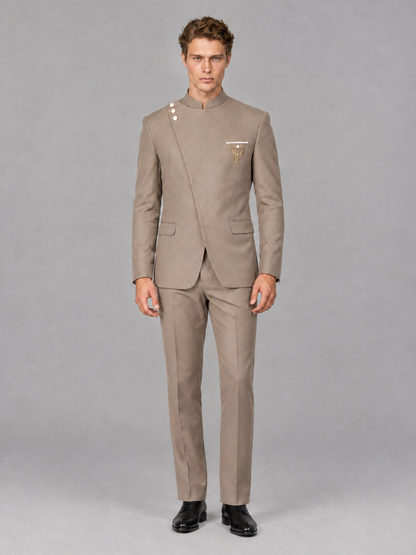 Savile Men's Taupe Mandarin Collar Asymmetrical 2-Piece Suit Set – Modern Jacket & Trousers - Taupe - Taupe_2