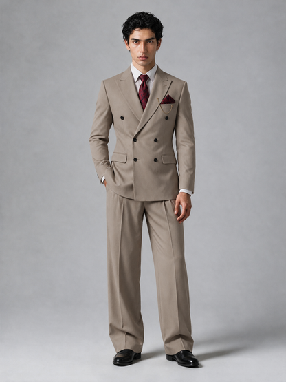 Savile Men's Taupe Double-Breasted 2-Piece Suit Set – Peak Lapel Blazer & Pleated Wide-Leg Trousers - Taupe - Taupe_2