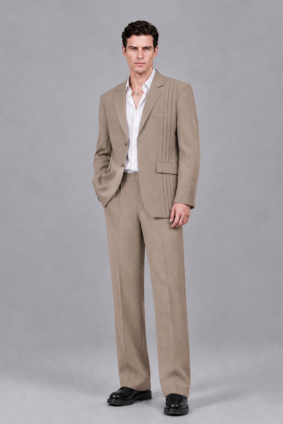 Savile Men's Taupe Pleated 2-Piece Suit Set | Notch Lapel Blazer & Tailored Trousers - Taupe - Taupe_2