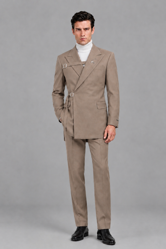 Savile Men's Taupe Double Buckle Wrap Belted 2-Piece Suit Set – Peak Lapel Slim-Fit Jacket & Trousers - Taupe - Taupe_2