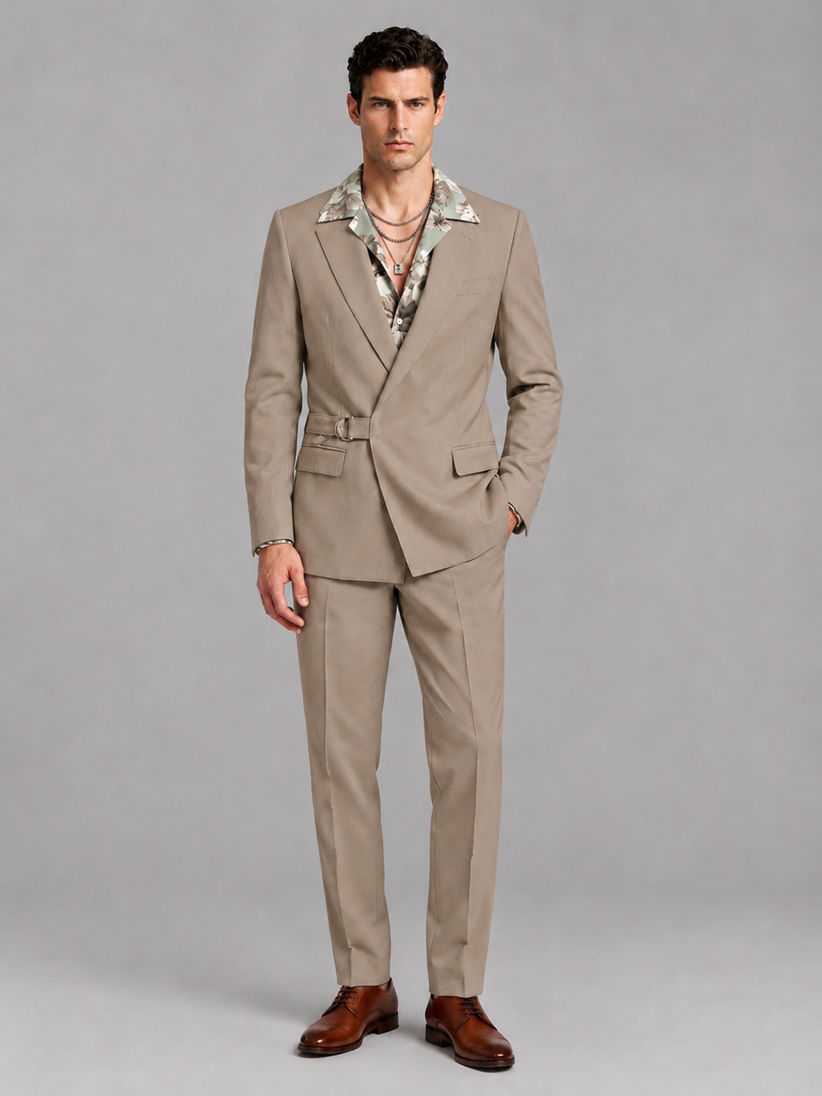 Savile Men's Taupe Belted Wrap 2-Piece Suit – Peak Lapel Blazer & Tailored Trousers - SUC060 - Taupe - Taupe_2
