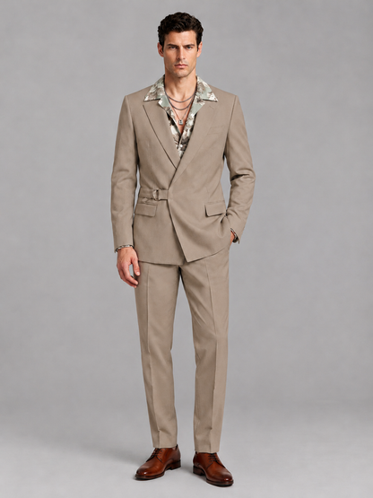 Savile Men's Taupe Belted Wrap 2-Piece Suit – Peak Lapel Blazer & Tailored Trousers - SUC060 - Taupe - Taupe_2
