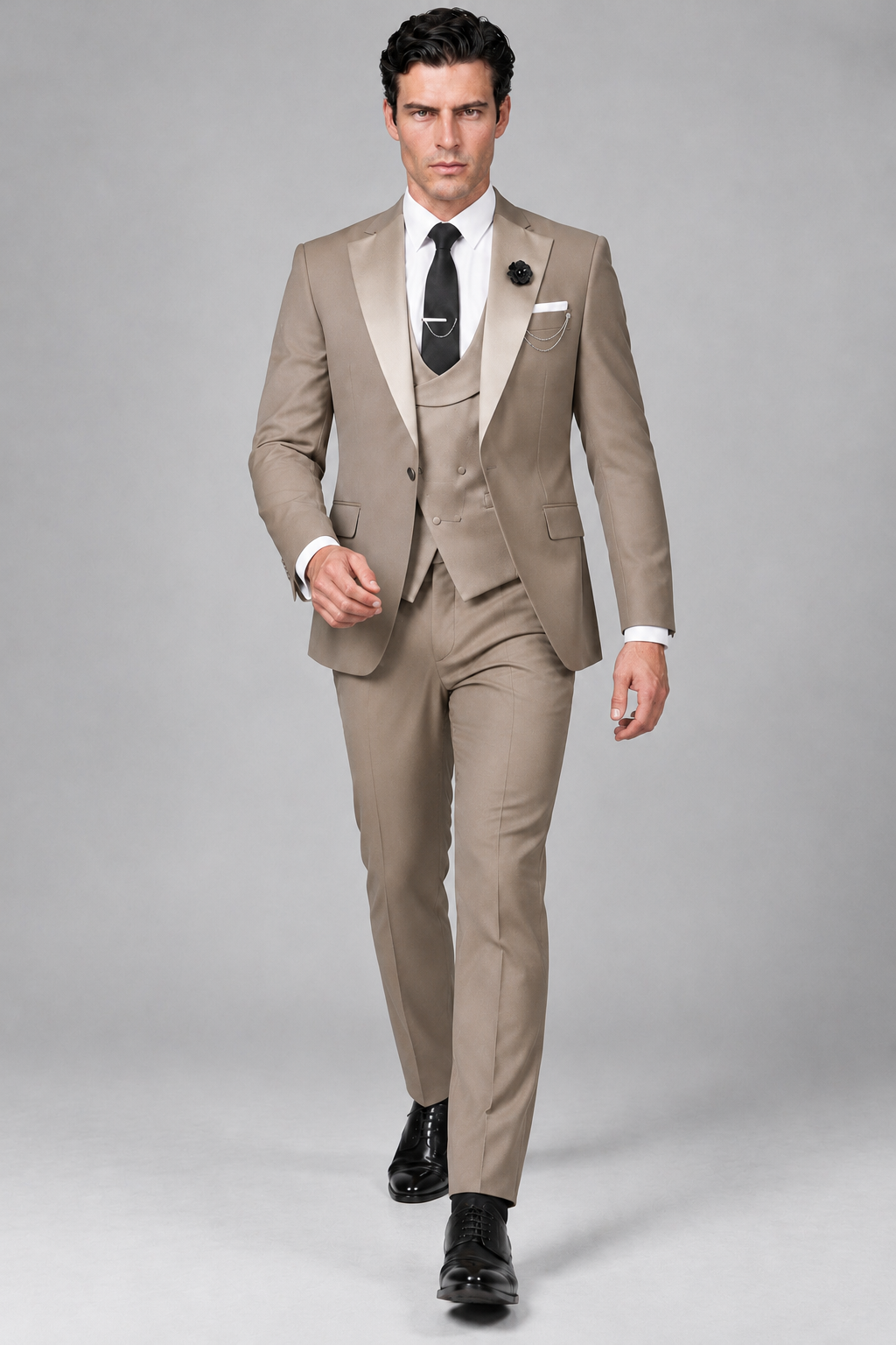 Savile Men's Taupe 3-Piece Tuxedo Suit – Contrast Silver Peak Lapel & Grey Vest Formal Set - Taupe - Taupe_2