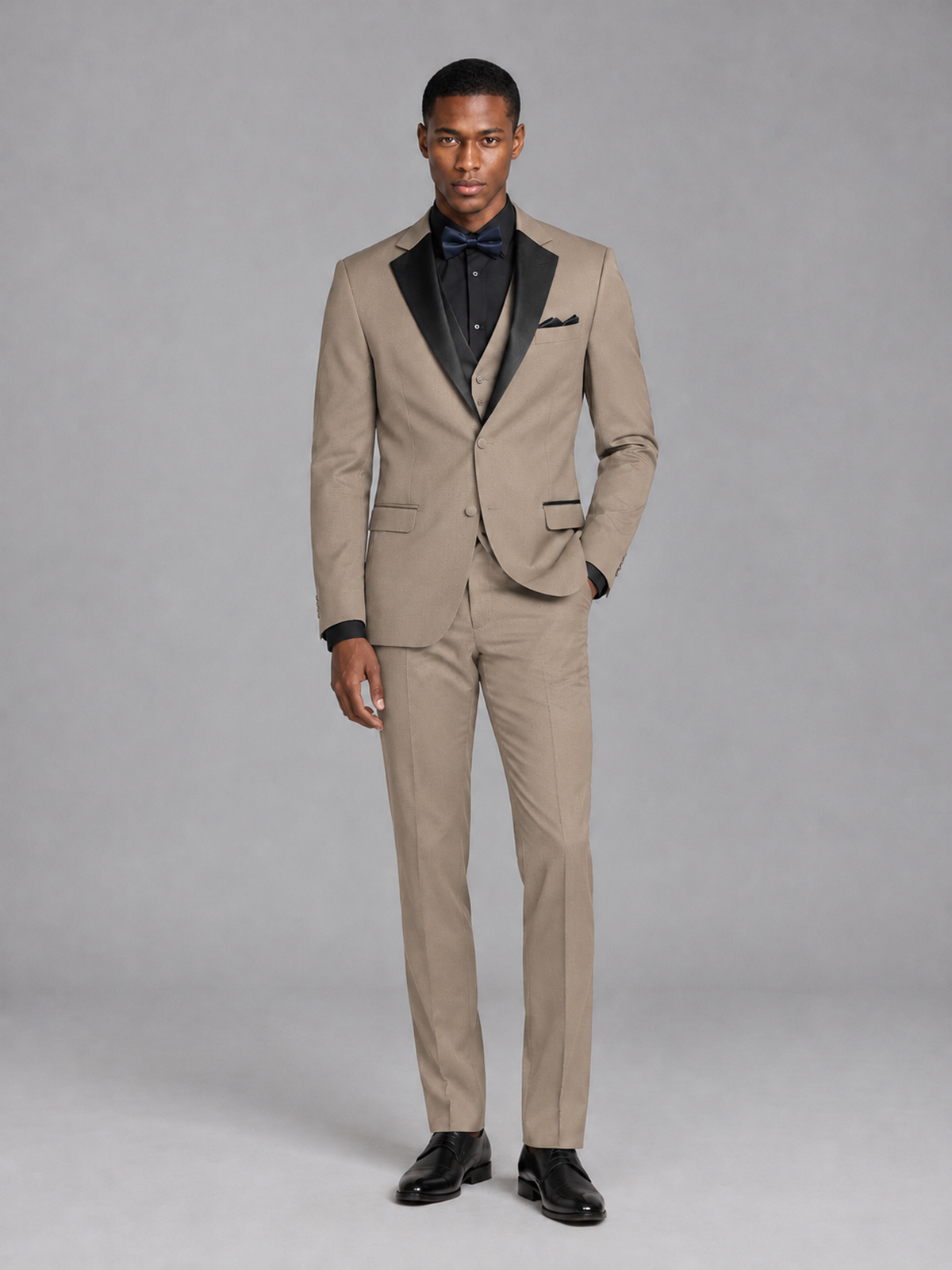 Savile Men's Taupe Contrast Shawl Lapel Tuxedo Suit – 3-Piece Wedding, Prom & Black-Tie Formal Set - Taupe - Taupe_2