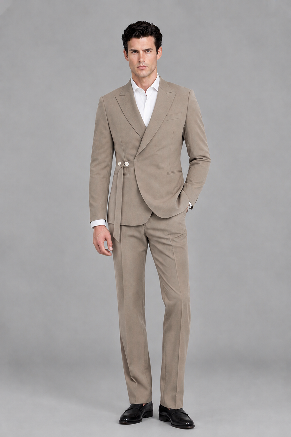 Savile Men's Modern Taupe 2-Piece Wrap Suit Set – Peak Lapel Side-Button Blazer & Tailored Trousers - Taupe - Taupe_2