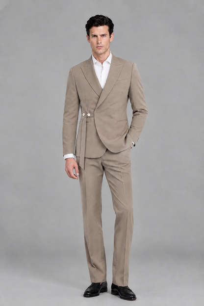 Savile Men's Modern Taupe 2-Piece Wrap Suit Set – Peak Lapel Side-Button Blazer & Tailored Trousers - Taupe - Taupe_2