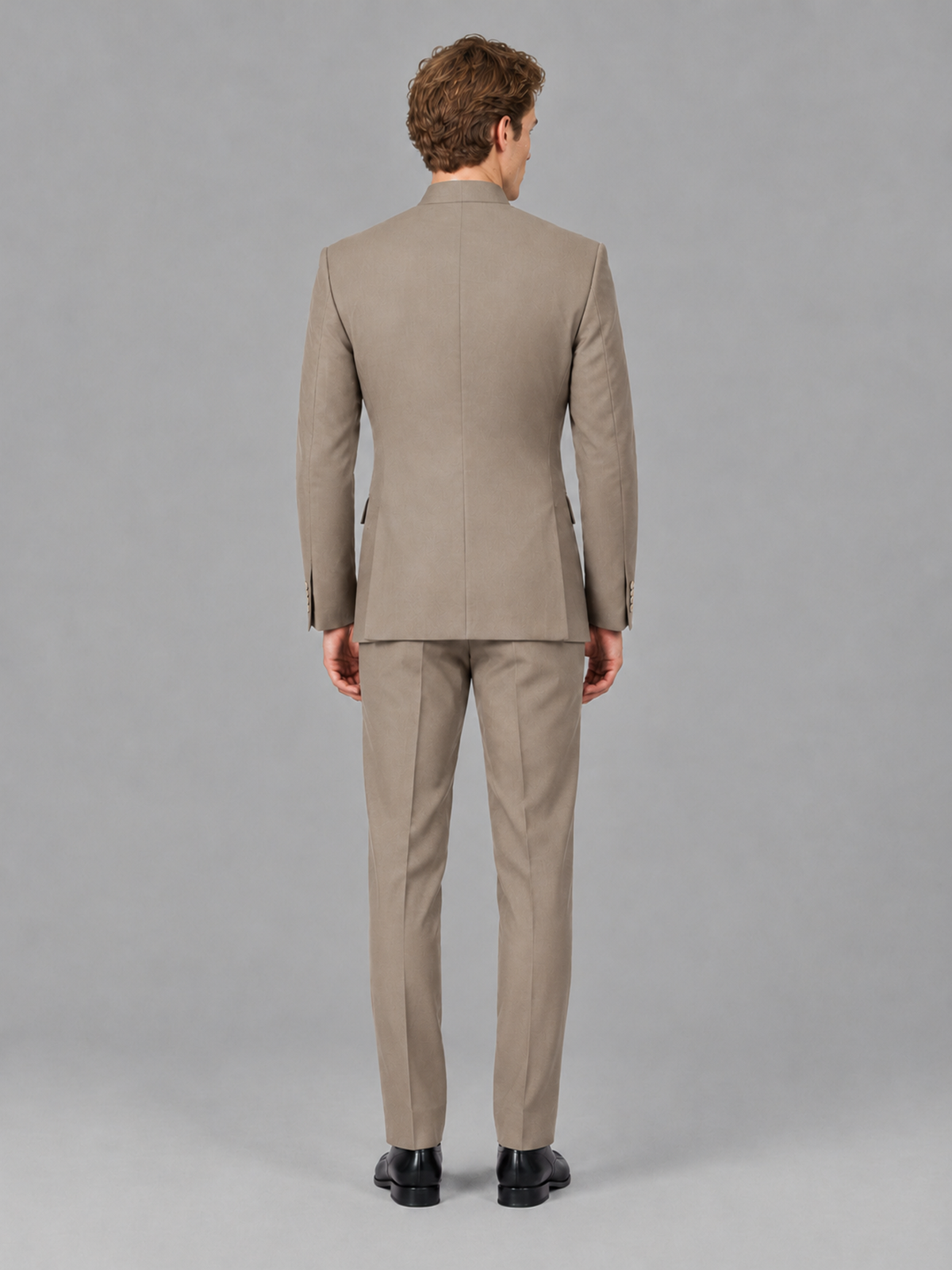 Savile Men's Taupe Mandarin Collar Asymmetrical 2-Piece Suit Set – Modern Jacket & Trousers - Taupe - Taupe_3