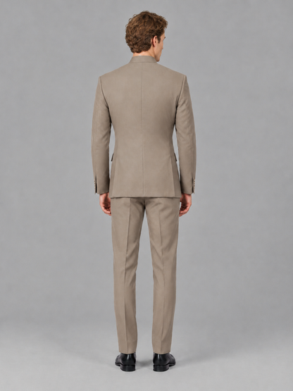 Savile Men's Taupe Mandarin Collar Asymmetrical 2-Piece Suit Set – Modern Jacket & Trousers - Taupe - Taupe_3