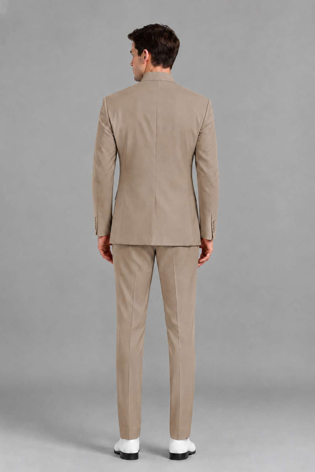 Savile Men's Taupe Asymmetrical Mandarin Collar Tuxedo Suit – Modern 2-Piece Gold Button Wedding, Prom & Gala Set - Taupe - Taupe_3