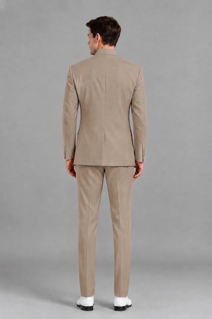 Savile Men's Taupe Asymmetrical Mandarin Collar Tuxedo Suit – Modern 2-Piece Gold Button Wedding, Prom & Gala Set - Taupe - Taupe_3