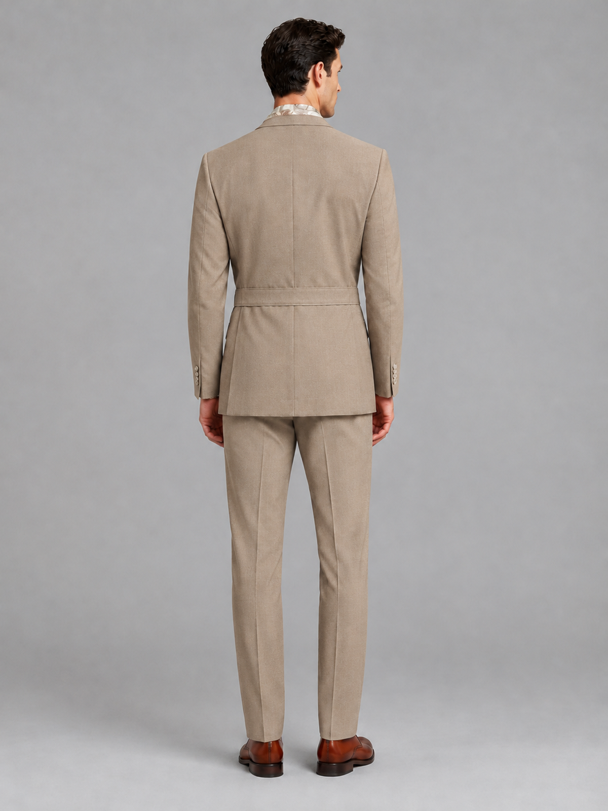 Savile Men's Taupe Belted Wrap 2-Piece Suit – Peak Lapel Blazer & Tailored Trousers - SUC060 - Taupe - Taupe_3