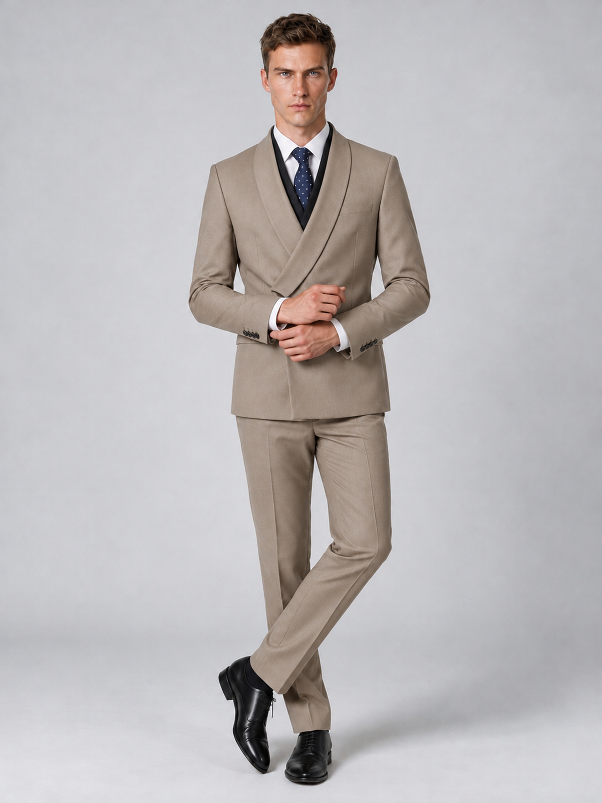 Savile Men's Taupe Wrap Shawl Lapel 2-Piece Suit Set – Modern Jacket & Trousers - Taupe - Taupe_4