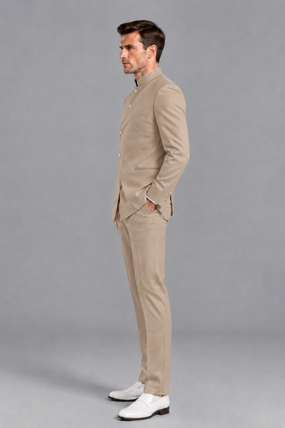 Savile Men's Taupe Asymmetrical Mandarin Collar Tuxedo Suit – Modern 2-Piece Gold Button Wedding, Prom & Gala Set - Taupe - Taupe_4