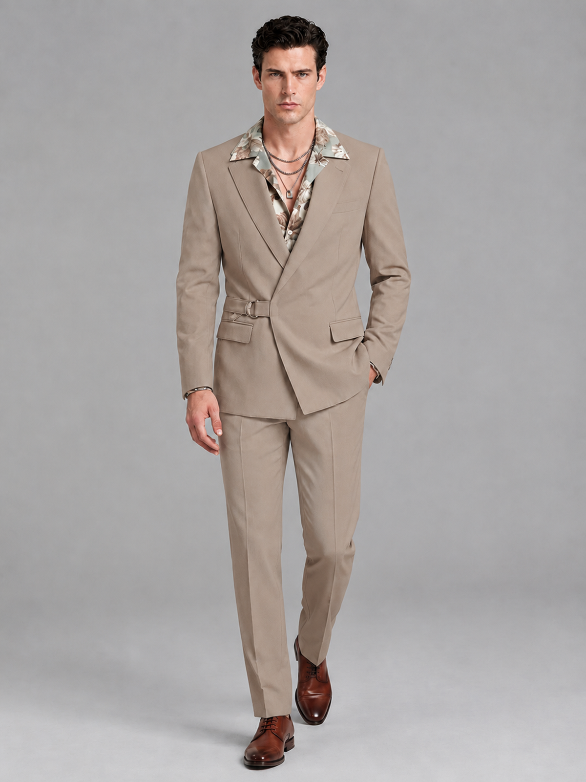 Savile Men's Taupe Belted Wrap 2-Piece Suit – Peak Lapel Blazer & Tailored Trousers - SUC060 - Taupe - Taupe_4