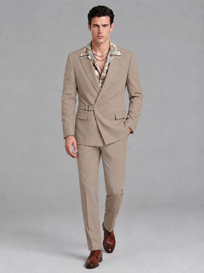 Savile Men's Taupe Belted Wrap 2-Piece Suit – Peak Lapel Blazer & Tailored Trousers - SUC060 - Taupe - Taupe_4